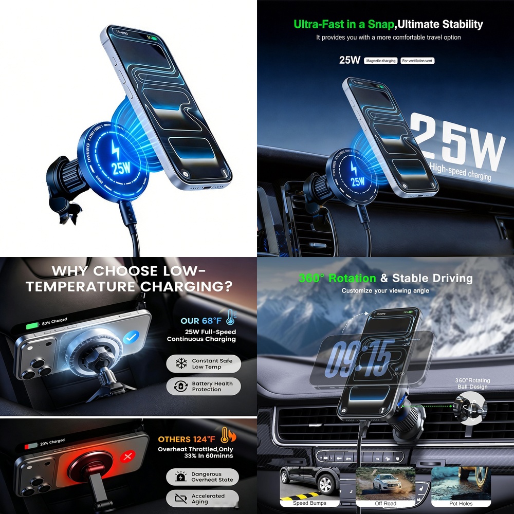 Magnetic Phone Holder For Car Vent - 강력한 25W 자석 무선 차량용 충전기
